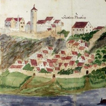 Homburg um 1700 mit dem ursprünglichen Turm  (aus Prozessakten in den Staatsarchiven Würzburg und Wertheim)